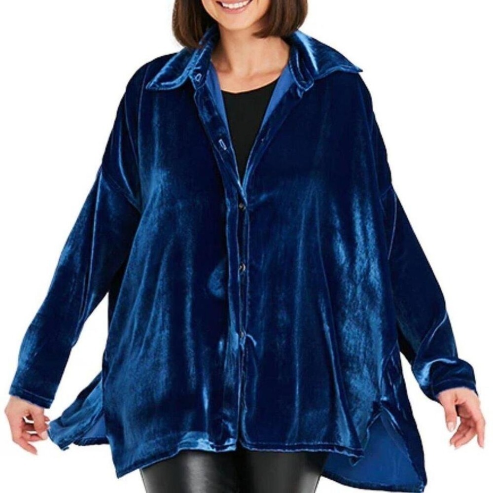 Planet by Lauren G Royal Blue Velvet Oversized Button Down Shirt Rayon USA Made